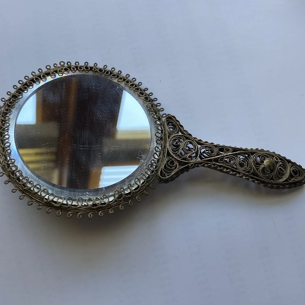 Antique Small Hand Mirror Silver Boudoir Filigree Traditional Art